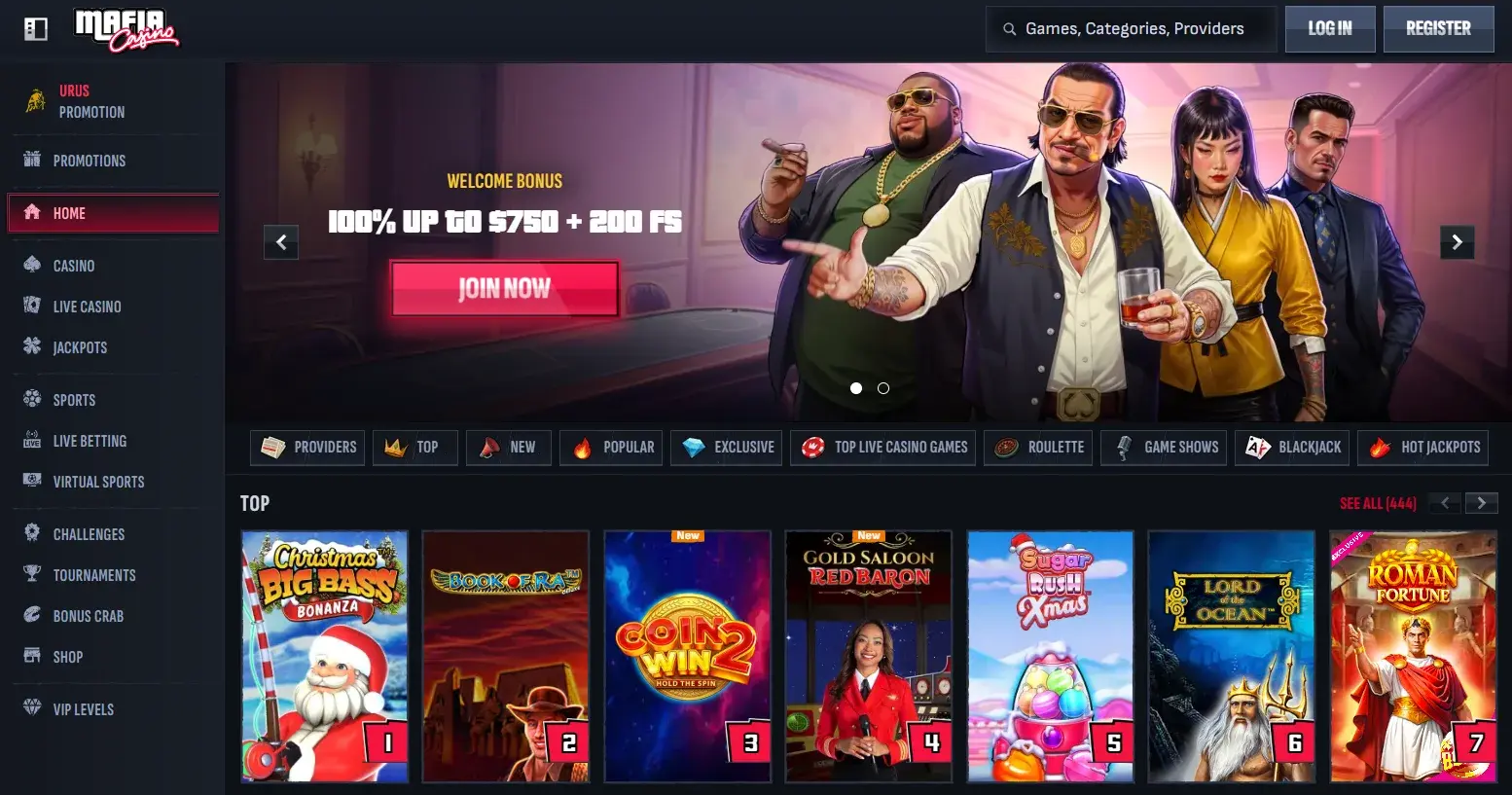 Mafia Casino homepage showing promotions and top slots